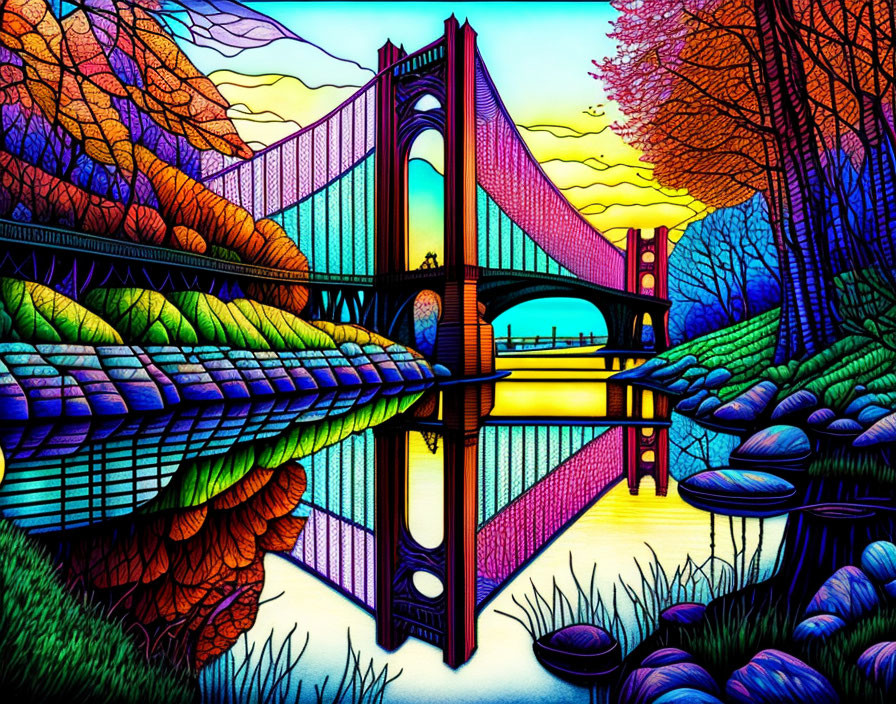 Colorful Stained Glass Style Golden Gate Bridge Illustration