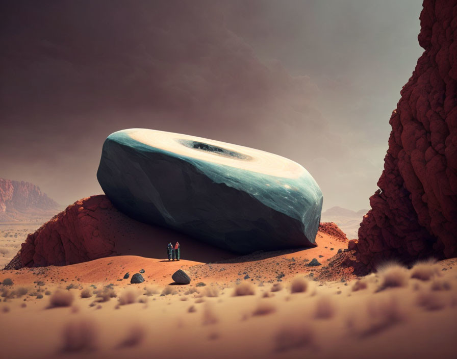 Person standing by gigantic polished gemstone in barren desert landscape