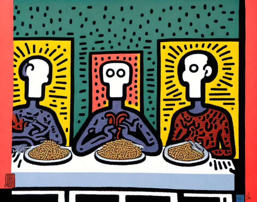 Colorful graphic art: Three figures with halo auras at noodle table