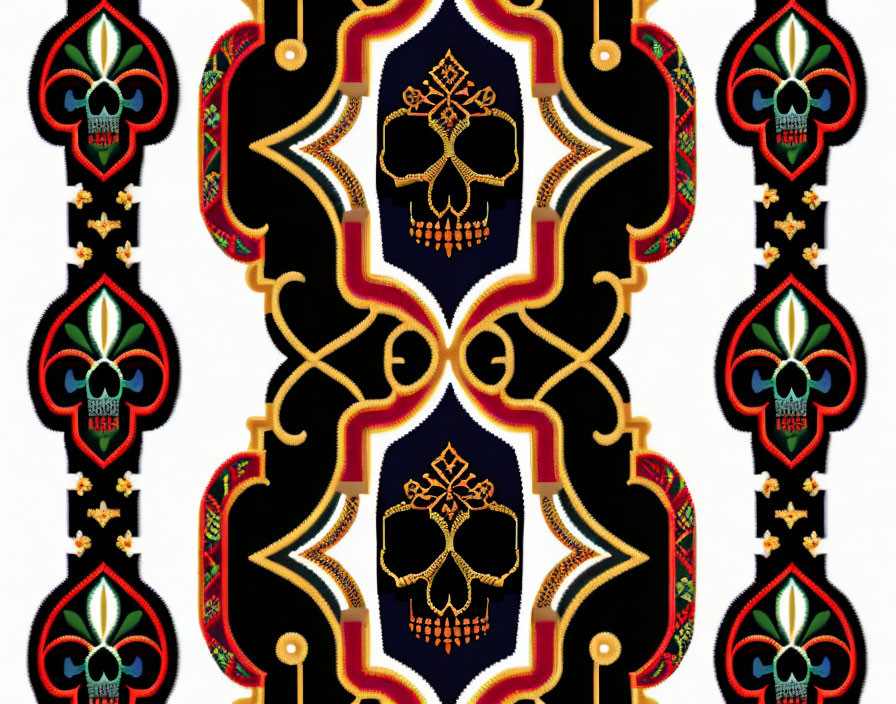 Symmetrical ornate pattern with skull motifs and floral elements in black, red, gold, and white