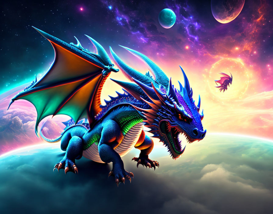 Majestic blue dragon digital artwork in cosmic setting