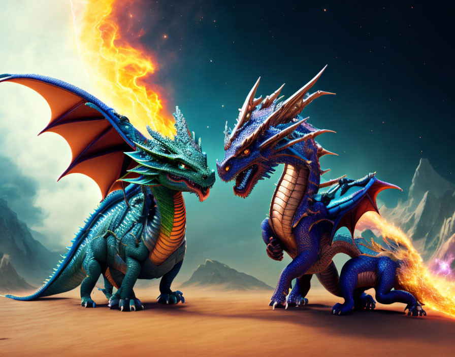 Two dragons breathing fire in desert landscape with mountains and fiery sky