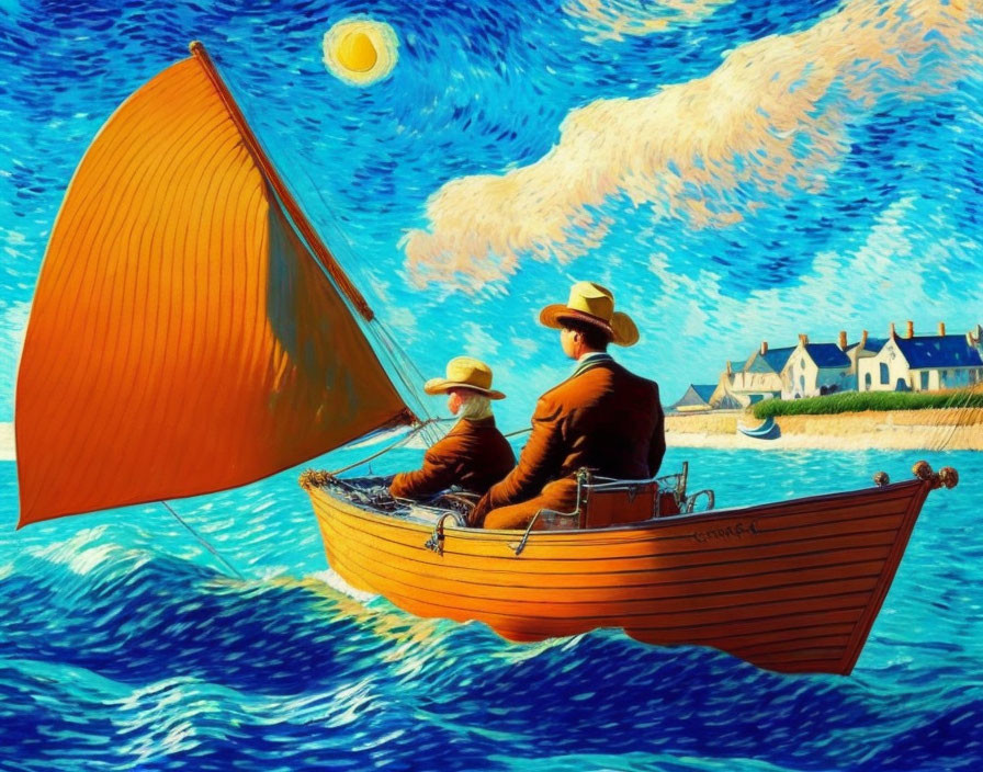 Two people in hats on orange-sailed boat with coastal village background