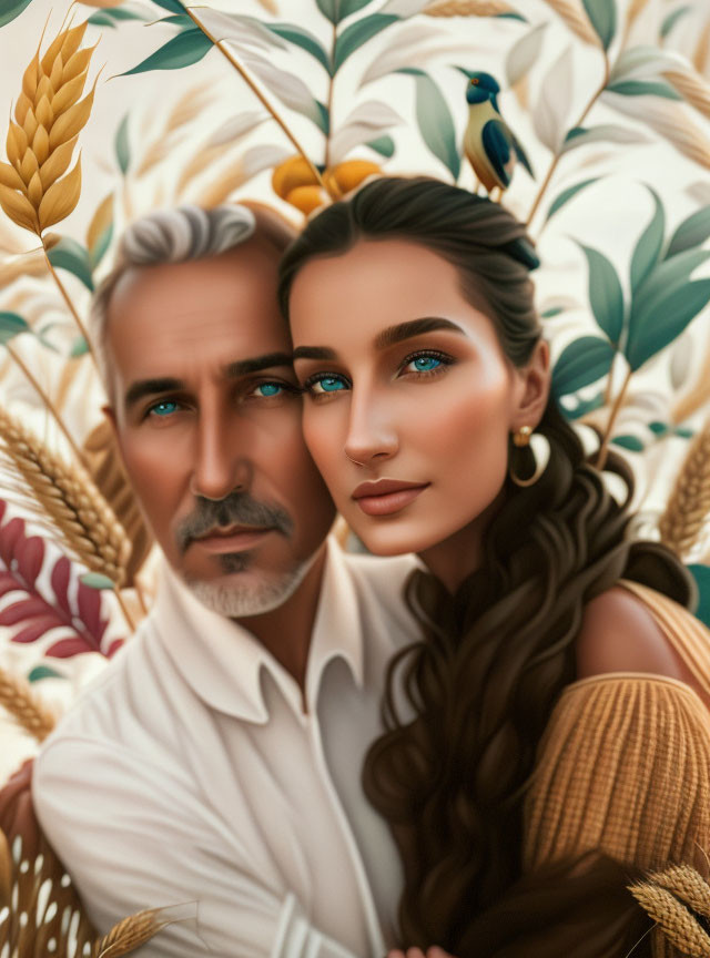 Digital artwork: Man and woman with blue eyes in wheat and foliage