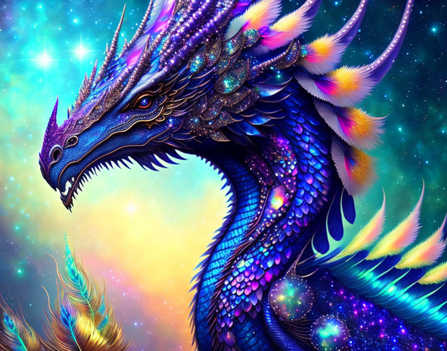 Colorful digital artwork: Blue dragon with intricate scales on cosmic background with peacock feather motifs