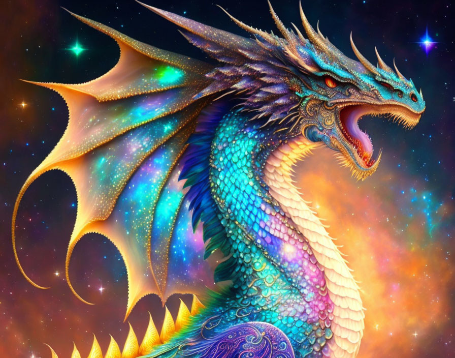 Colorful Dragon with Elaborate Scales in Cosmic Setting