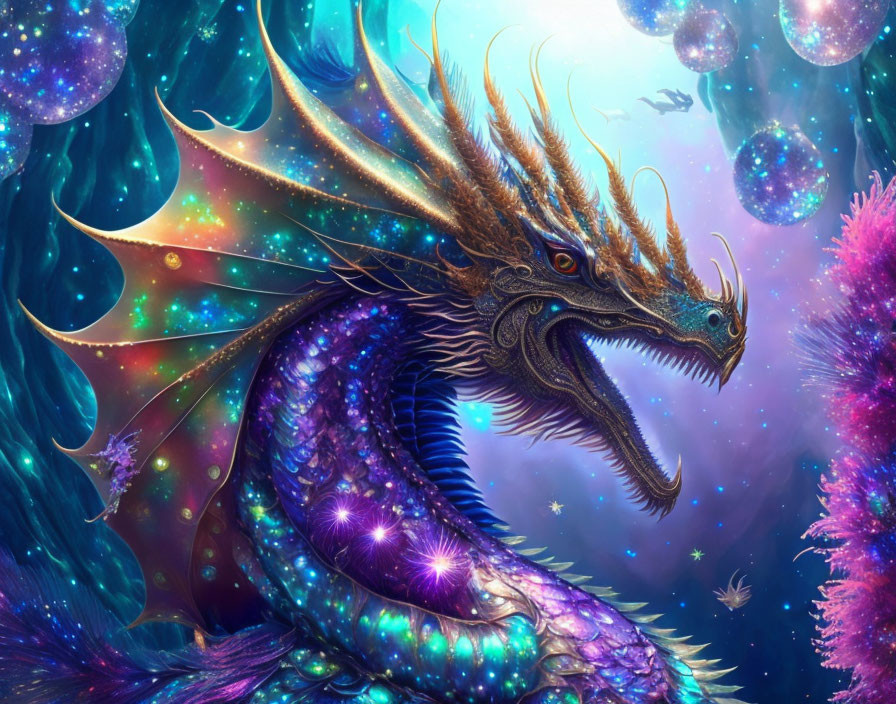 Iridescent dragon with spiked mane in starry aquatic scene