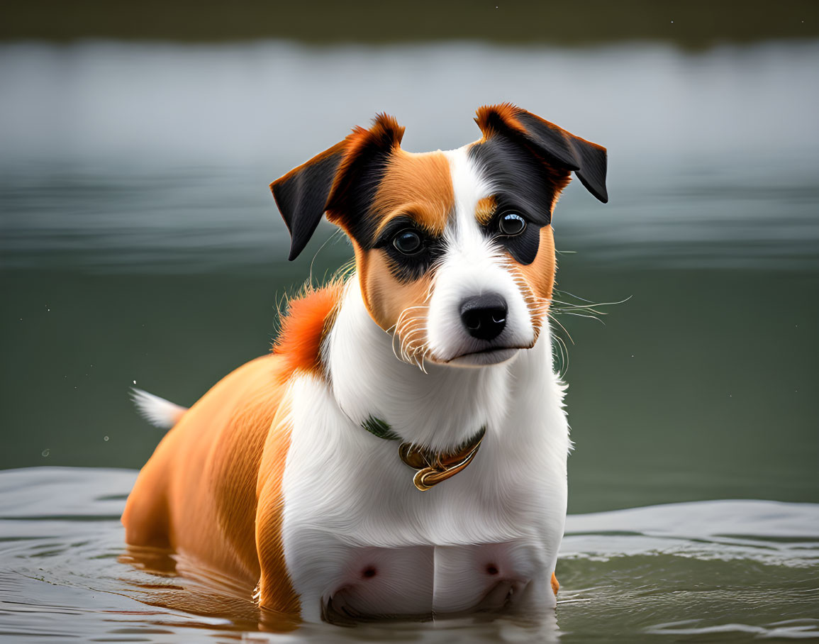 Brown and White Dog with Collar in Water Staring at Camera