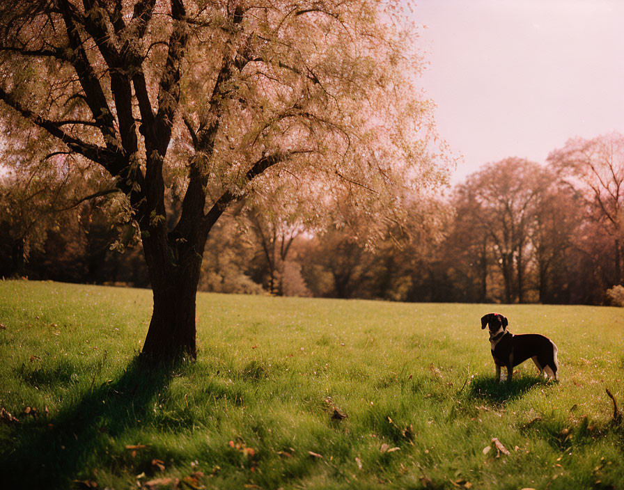 Dog in sunlit meadow near tree in early autumn