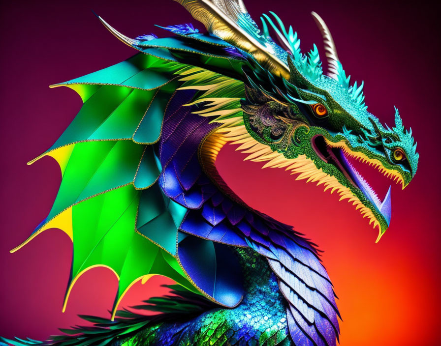 Colorful Dragon Model with Detailed Scales and Feathers on Gradient Background