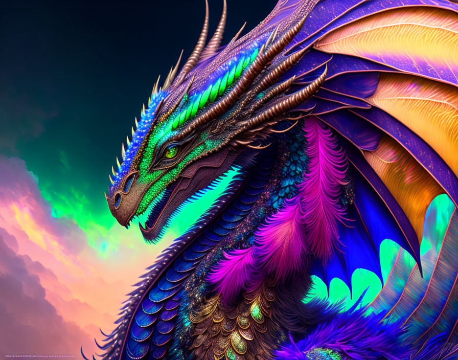 Multicolored dragon digital artwork under dramatic sky