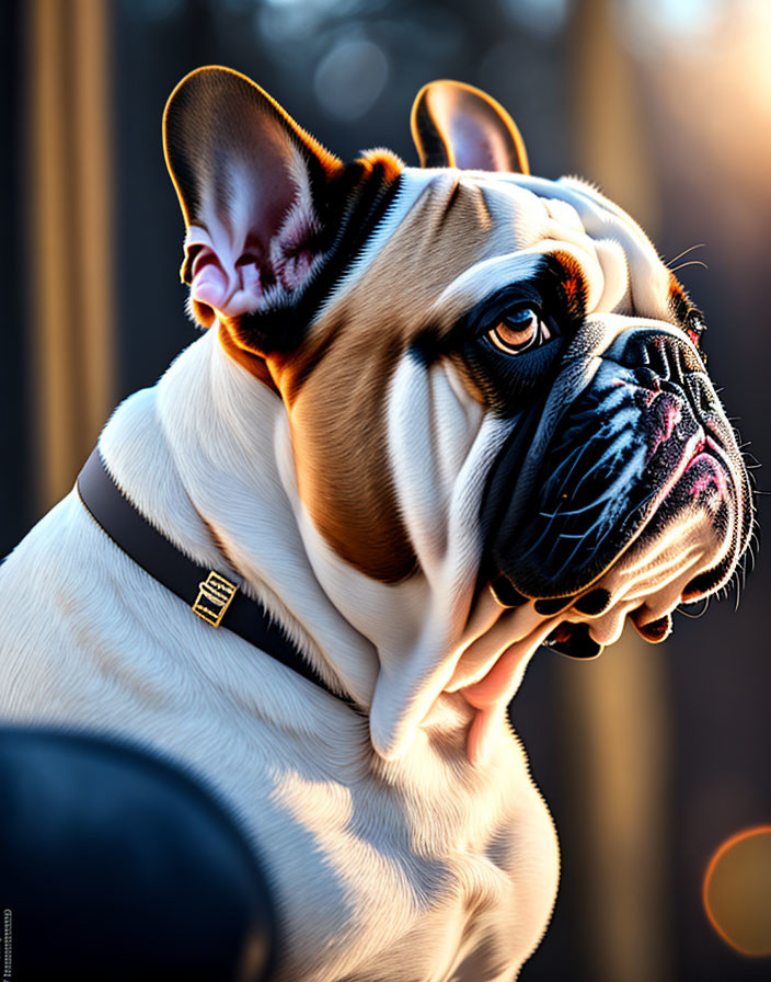 Regal Bulldog with Glossy Coat and Black Harness in Golden Sunlight