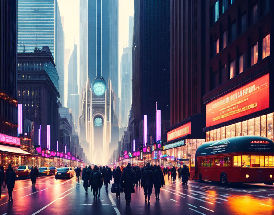 Futuristic city street at twilight with neon lights and red double-decker bus advertising musical