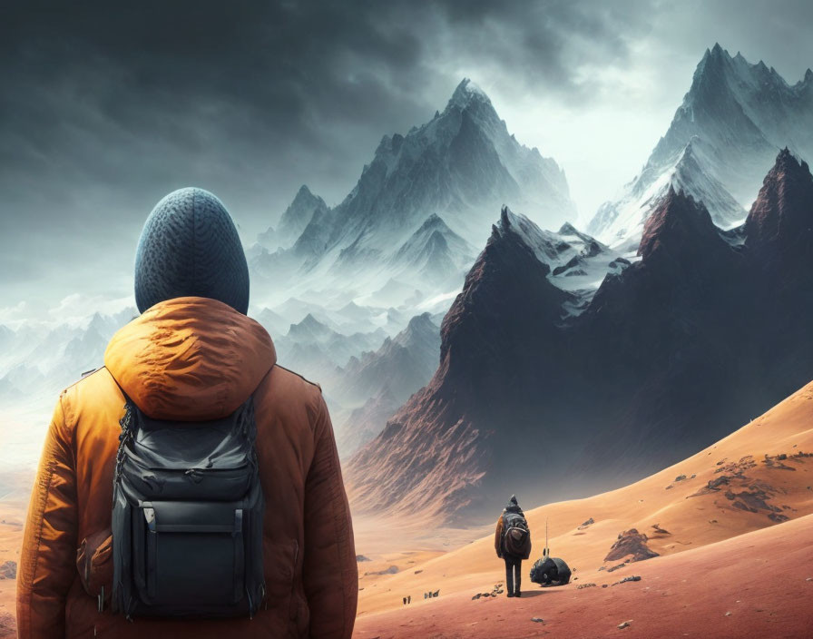 Person in Winter Jacket Stands Before Reddish Mountain Landscape