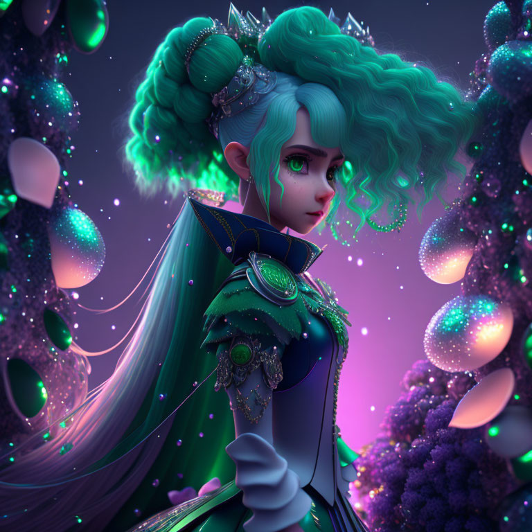 Vibrant green-haired animated character in regal blue and green outfit surrounded by glowing purple environment