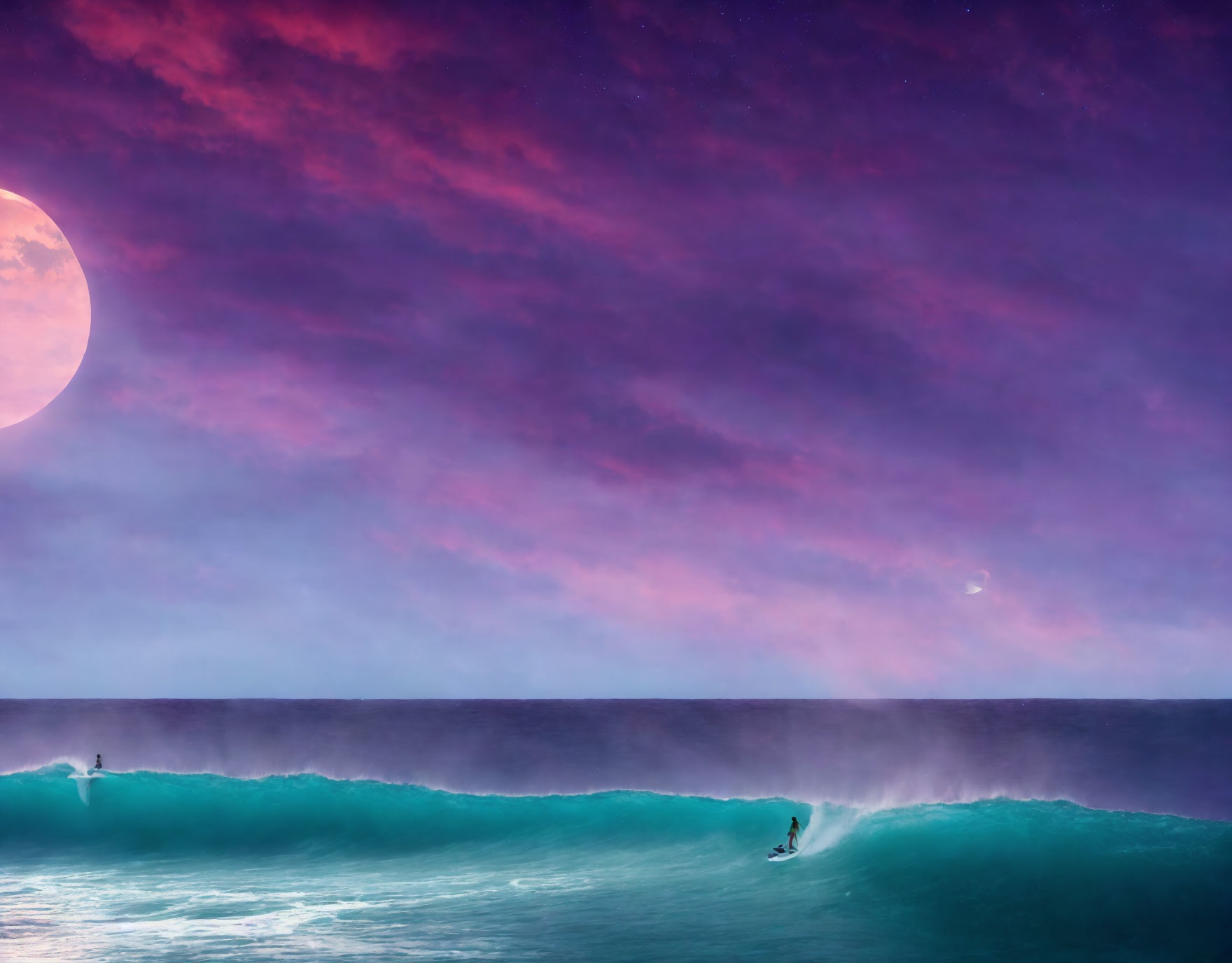 Surfers riding large wave under purple sunset sky.