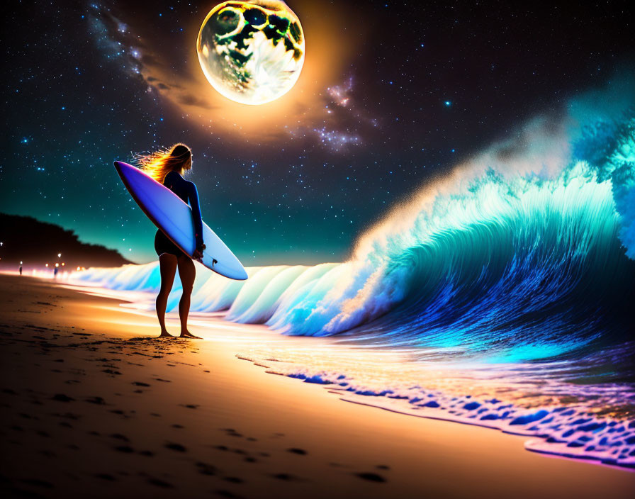 Silhouette of person with surfboard on beach under moonlit sky