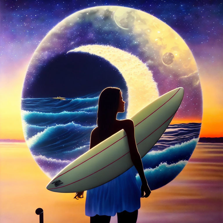 Woman with surfboard on beach at sunset with celestial moon and planets.