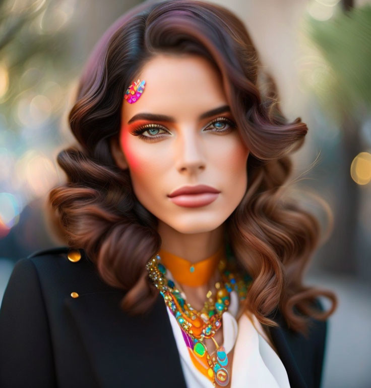 Styled hair, colorful makeup, vibrant jewelry on woman against blurred background