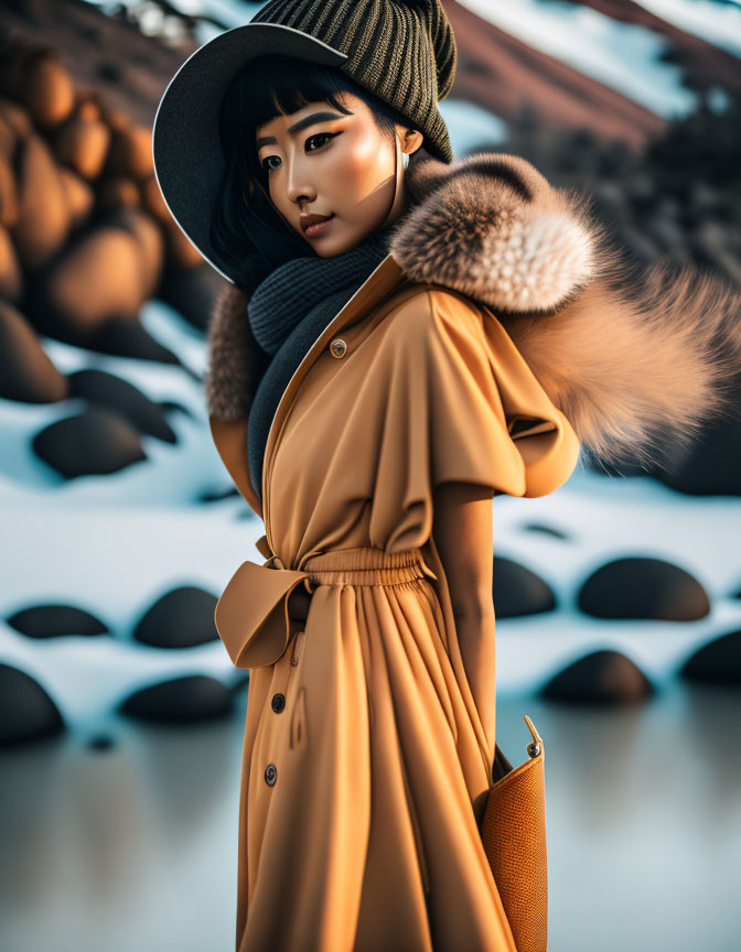 Fashionable woman in tan coat, scarf, beret, and purse outdoors in snowy landscape