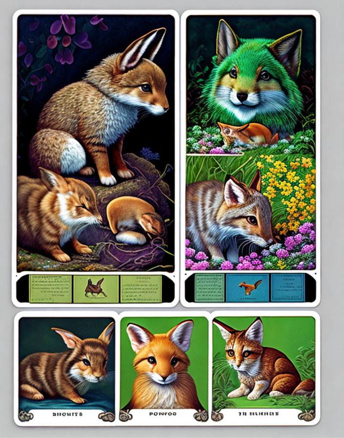 Four artistic panels of foxes with unique flora and fauna backgrounds and names: Bright-Eyes, P