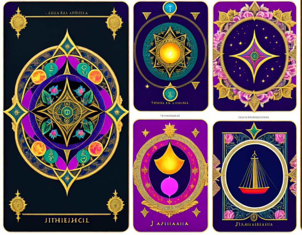 Intricate tarot cards with celestial motifs and Cyrillic script