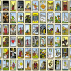 Colorful Tarot Cards with Intricate Figures and Symbols