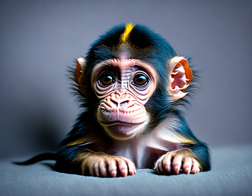 Colorful Baby Monkey with Bright Eyes Against Grey Background