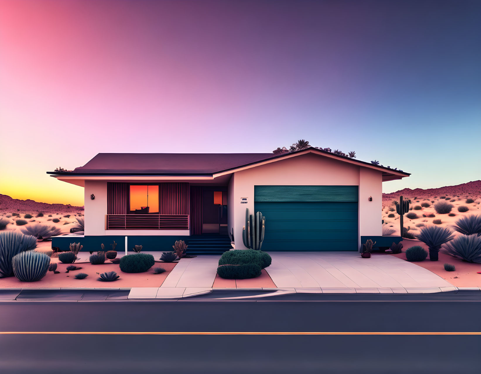 Contemporary house with teal garage door in desert setting at twilight