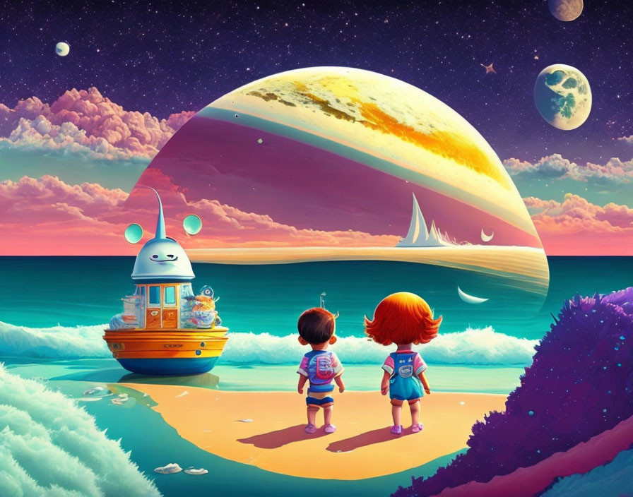 Children, robot, and planet on beach with spaceships and moons in colorful sky