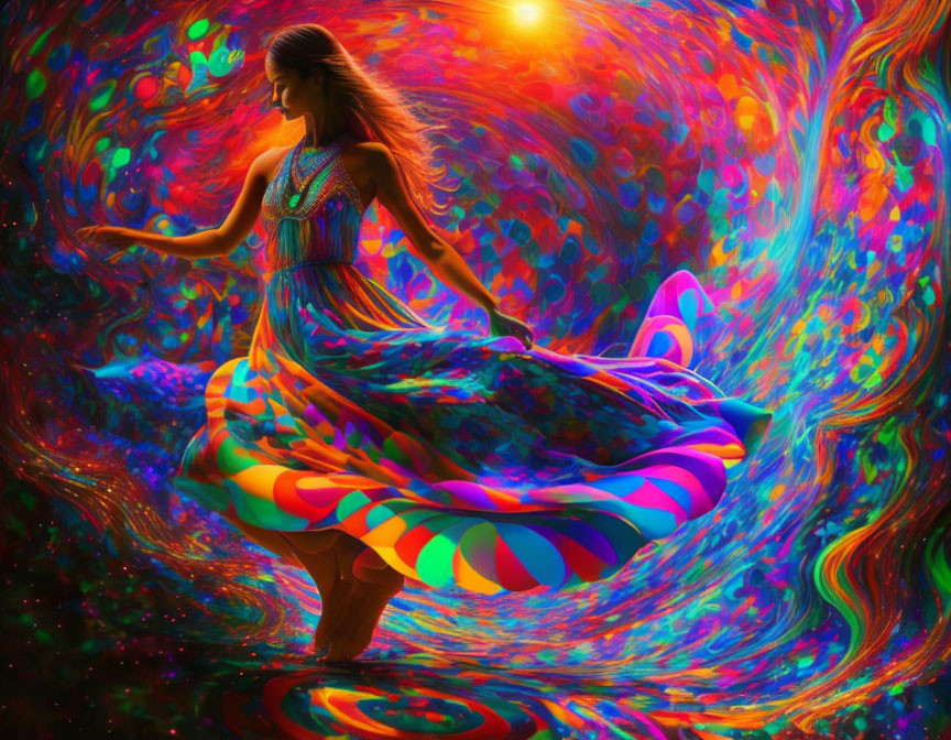 Woman Dancing in Vibrant Psychedelic Swirls of Color