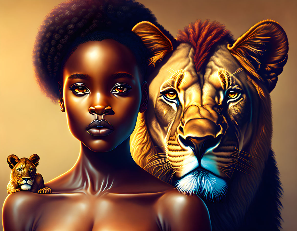 Digital artwork of young woman with lion's head and cub portraying regal composure