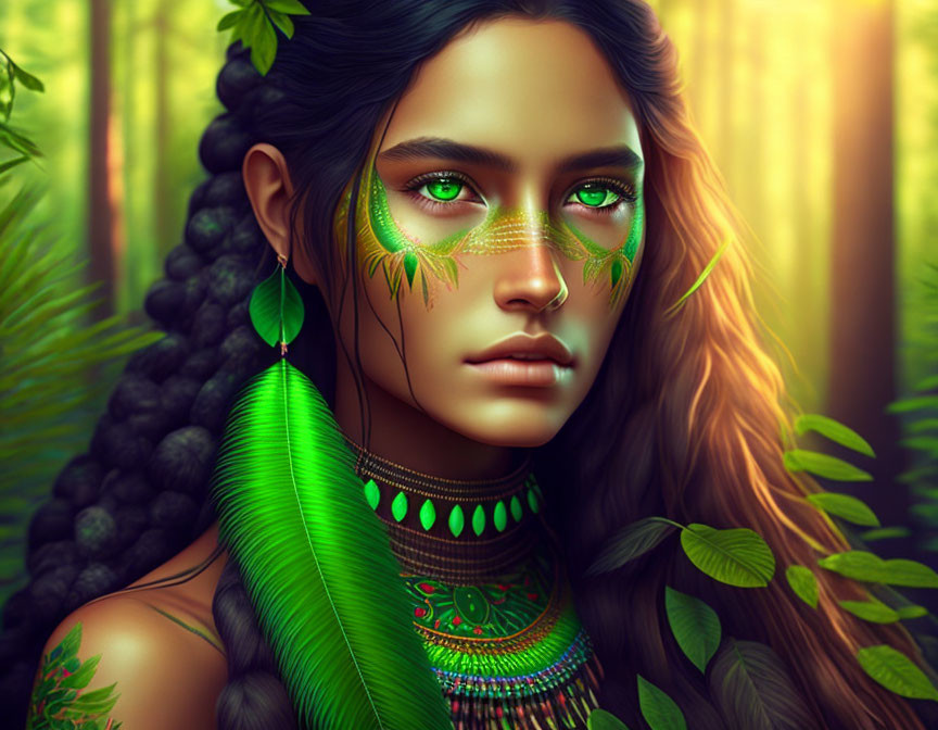 Fantasy portrait of a woman with green eyes and leaf markings