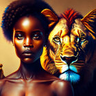 Digital artwork of young woman with lion's head and cub portraying regal composure