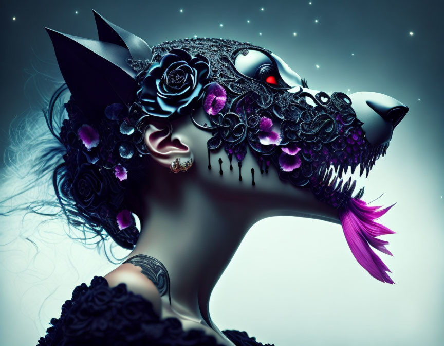 Woman in ornate wolf mask with floral decorations in mystical setting