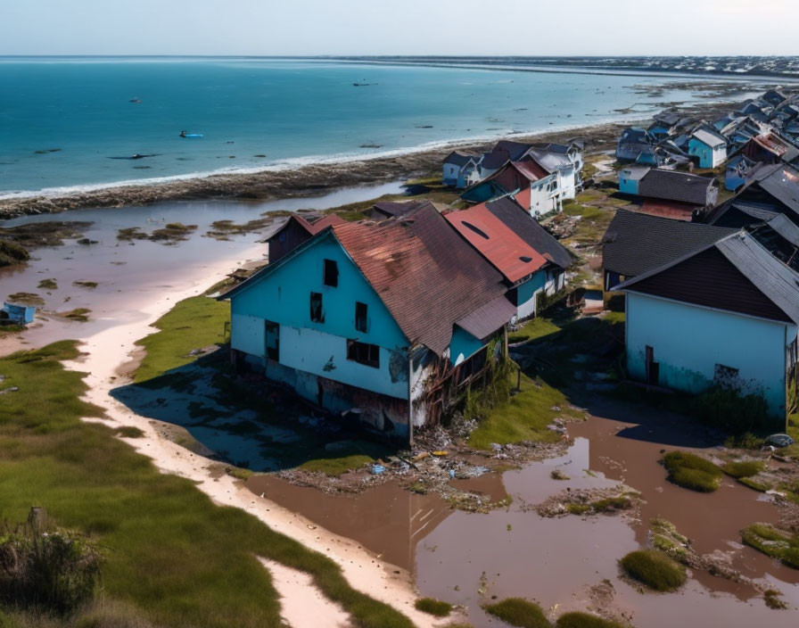 Coastal Village Aerial View: Flooded Houses, Red Roof Two-Story House