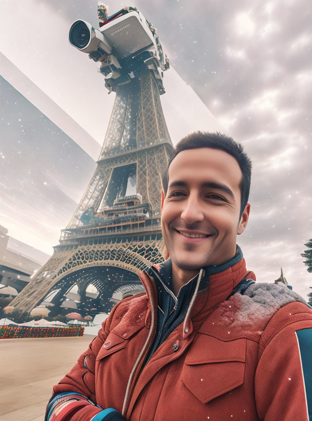 Person smiling in selfie with Eiffel Tower under clear sky