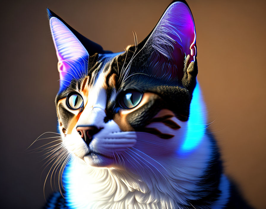 Vivid digital cat artwork with colorful lighting and detailed fur texture