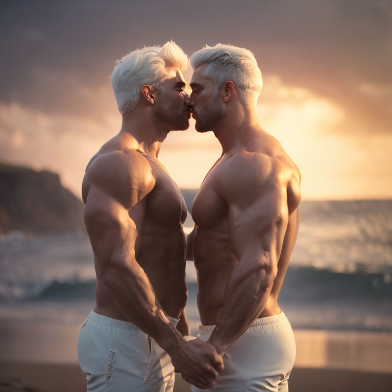 Muscular Men with White Hair Beach Sunset Scene