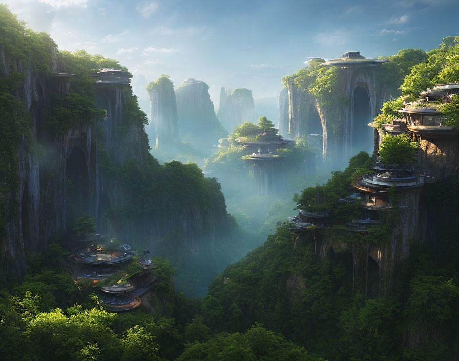 Fantasy landscape with cliffs, greenery, waterfalls & pagoda-style buildings