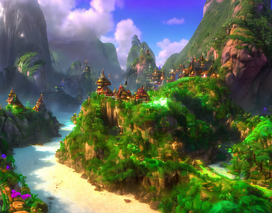 Vibrant greenery, traditional buildings, river, mystical mountains in fantastical landscape