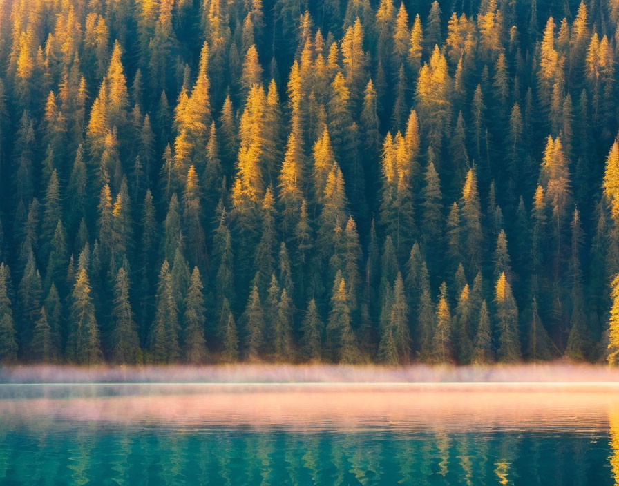 Tranquil lake with mist, sunlight, and coniferous forest