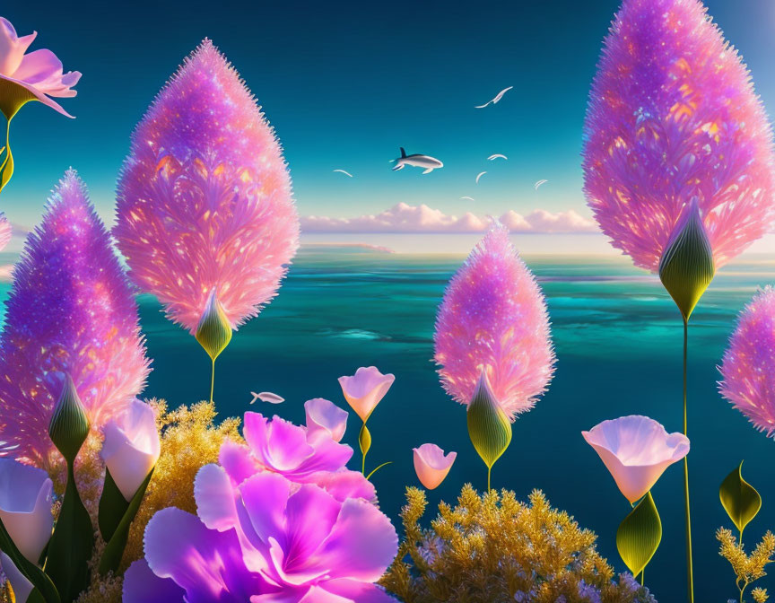 Vibrant pink flowers and seagulls in serene ocean landscape