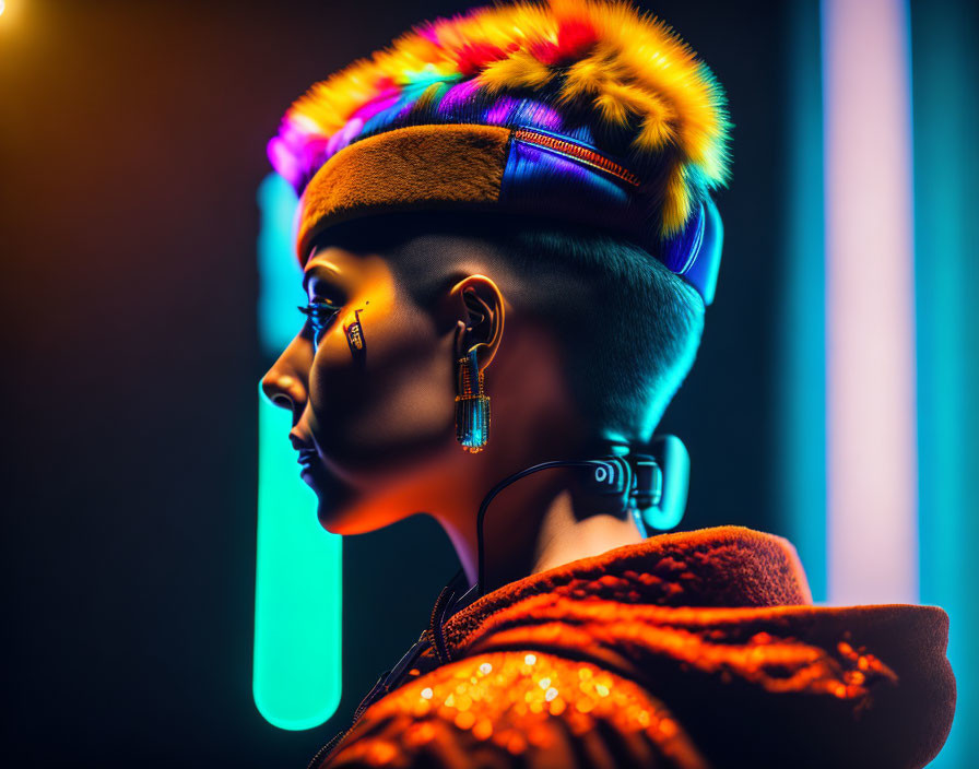 Colorful Mohawk & Hoop Earrings on Person in Neon Background