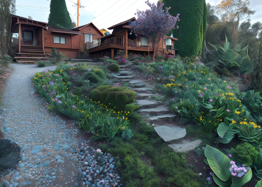 Charming wooden house with porch and garden at dusk