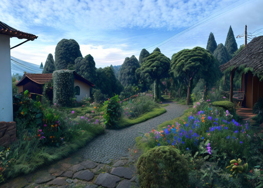 Tranquil cobblestone pathway in vibrant garden