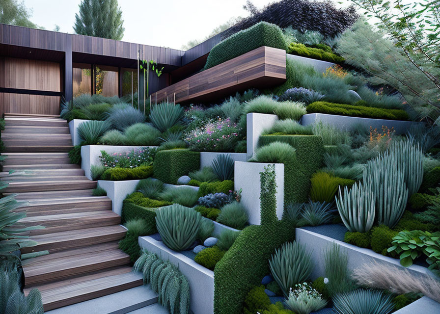 Contemporary Terrace Garden with Green Plants & Wooden Elements