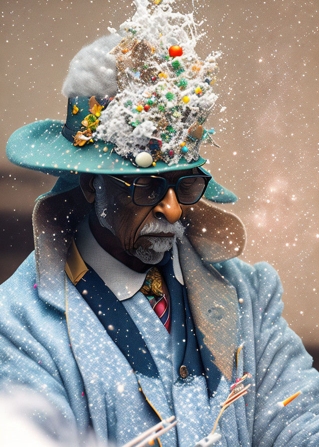 Elderly Man in Stylish Christmas Hat with Snowflakes