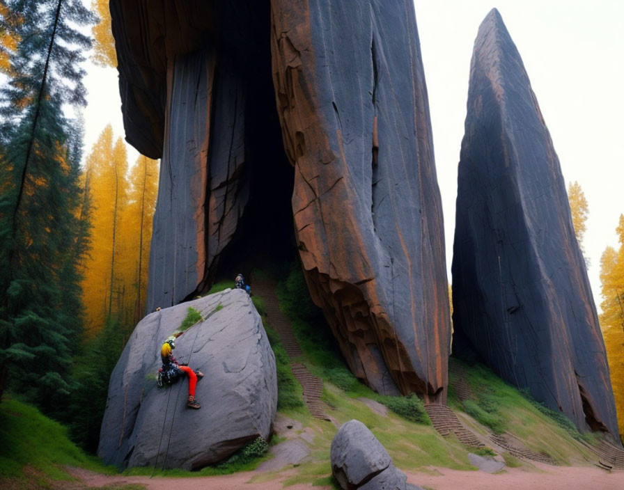 Climbers on large boulder with towering cliff faces and autumn forest.