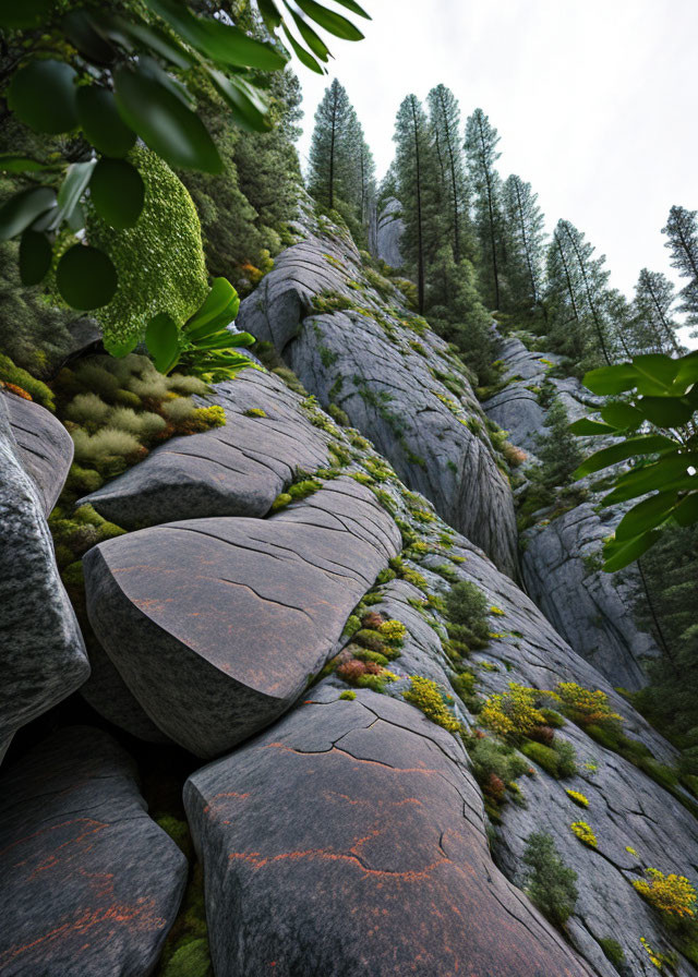 Rocky cliff with cracks and vegetation under forest canopy